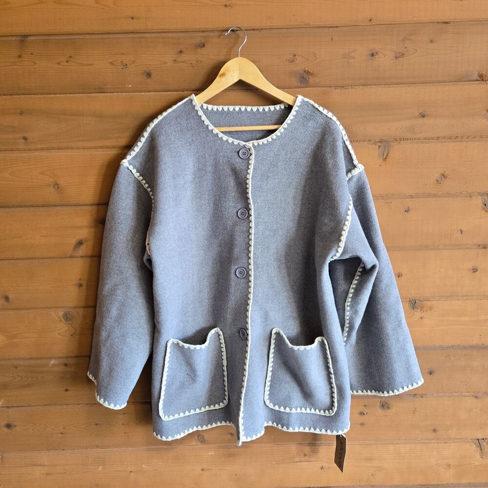 Utcoco Shacket Cardigan Jacket Cassidy Gray Cream NWT M Coatigan Preppy Top - Picture 2 of 5